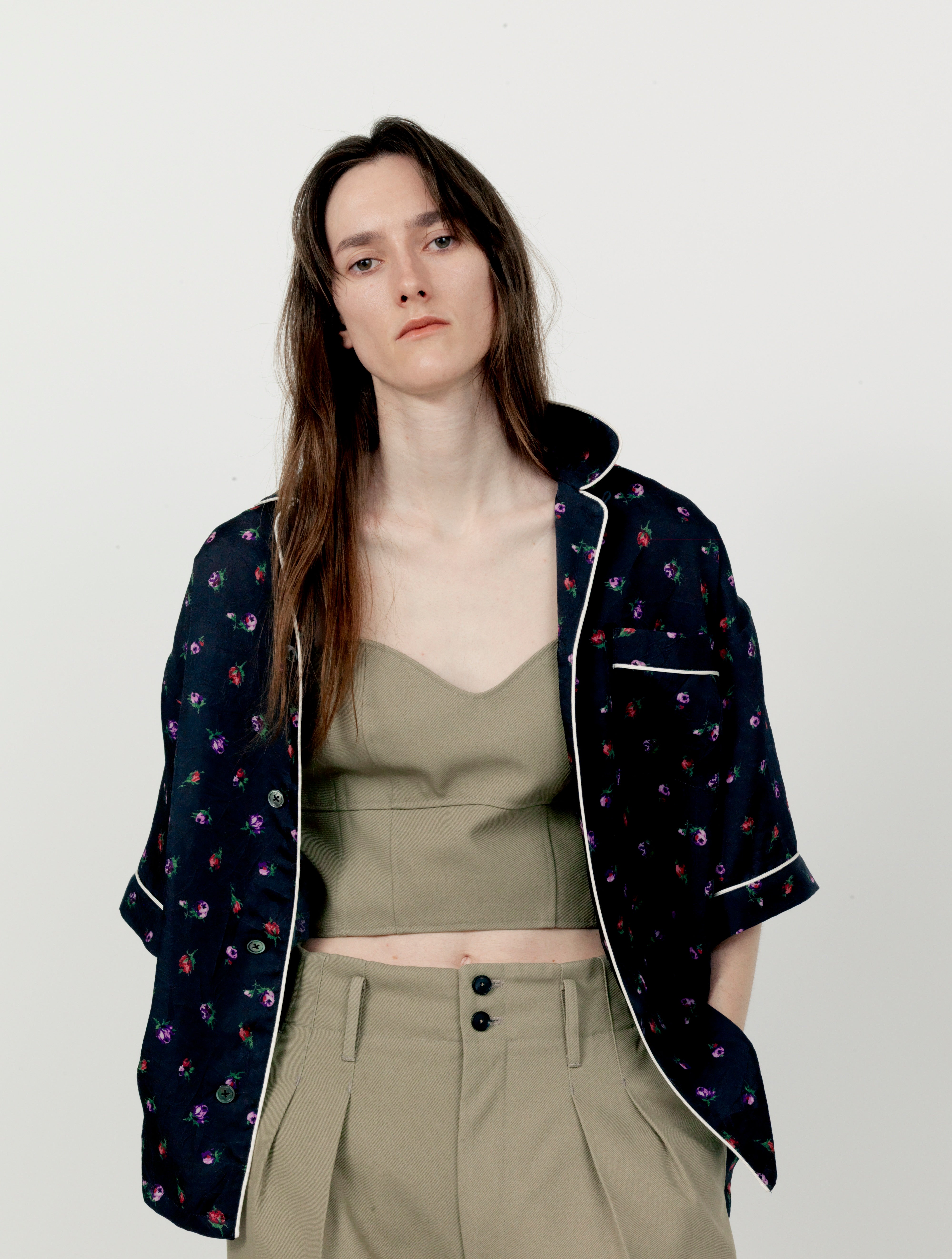 CUPRO FLOWER PRINT PIPING OPEN COLLAR SHIRTS