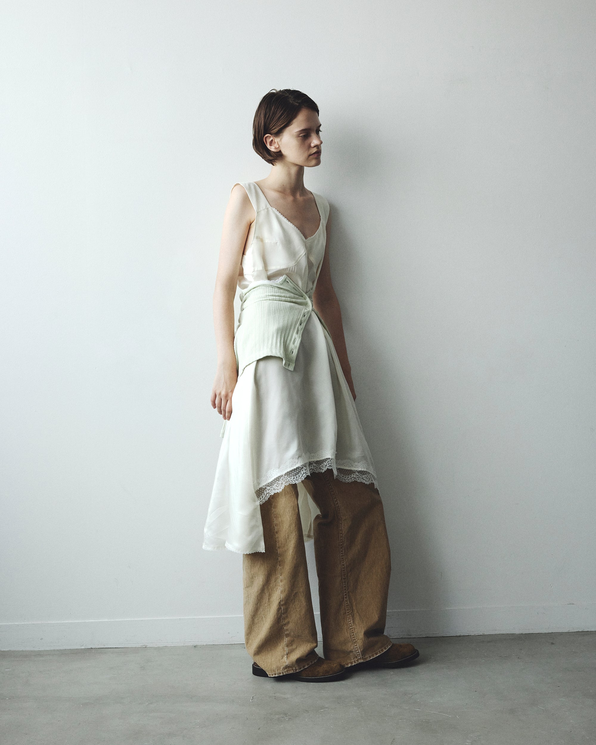 WASHED CUPRO LACE TRIMMED MIDI DRESS