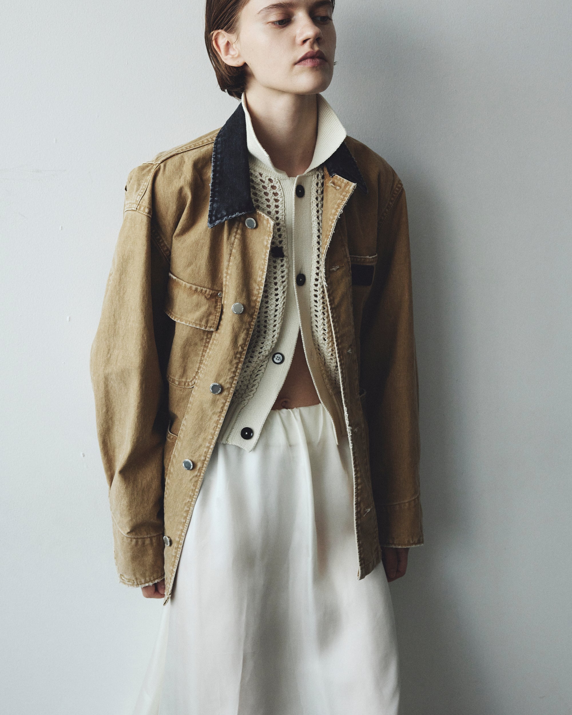 CROCHET STAR 7G MESH POLO COLLAR CARDIGAN