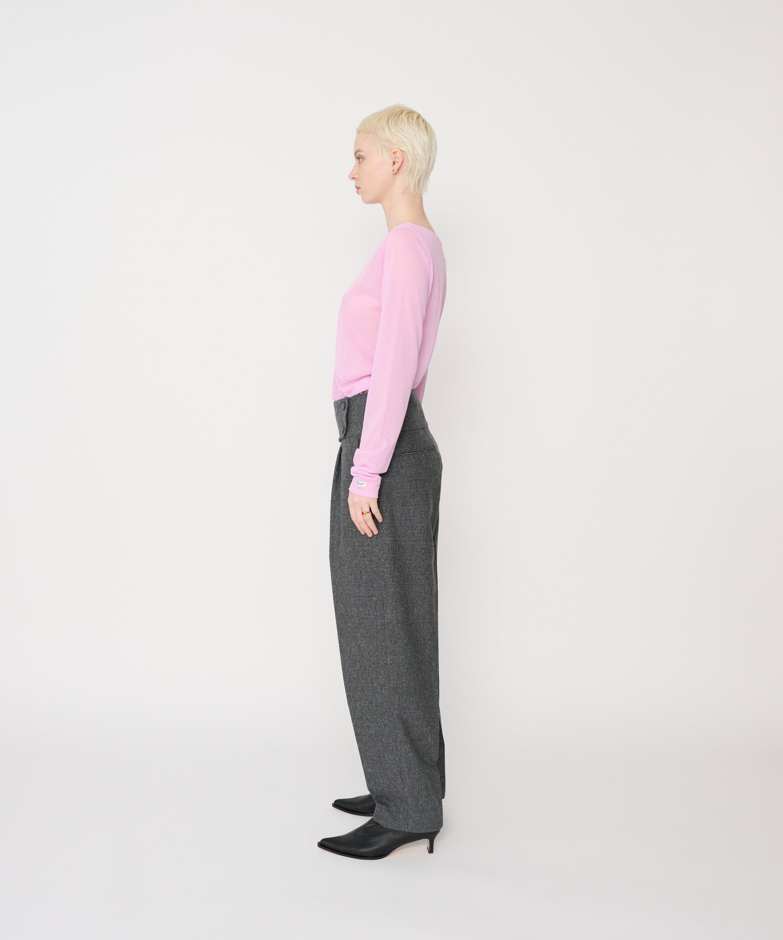 WOOL SILK HOUNDSTOOTH WIDE BELT TUCK SLACKS