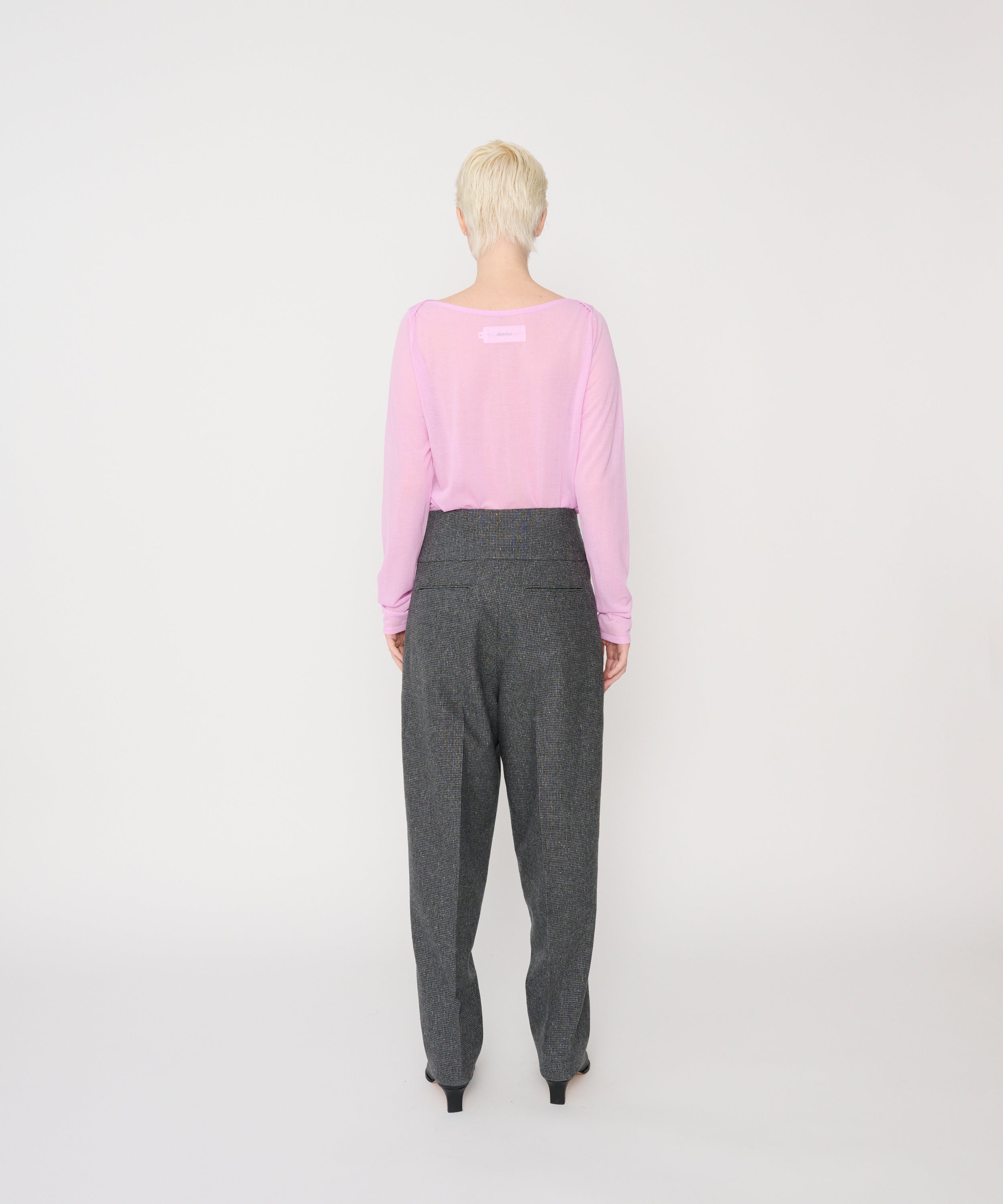 WOOL SILK HOUNDSTOOTH WIDE BELT TUCK SLACKS