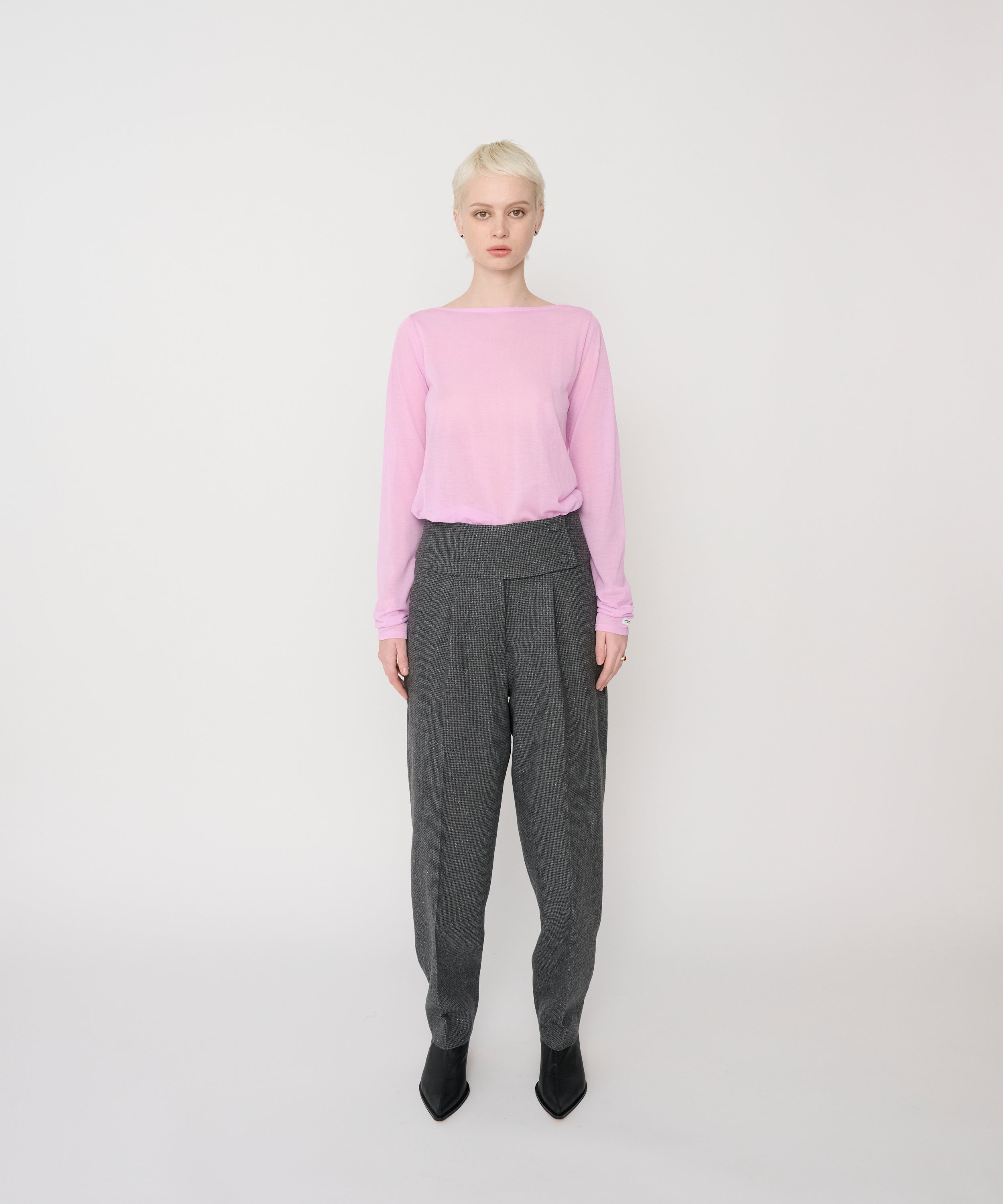 WOOL SILK HOUNDSTOOTH WIDE BELT TUCK SLACKS