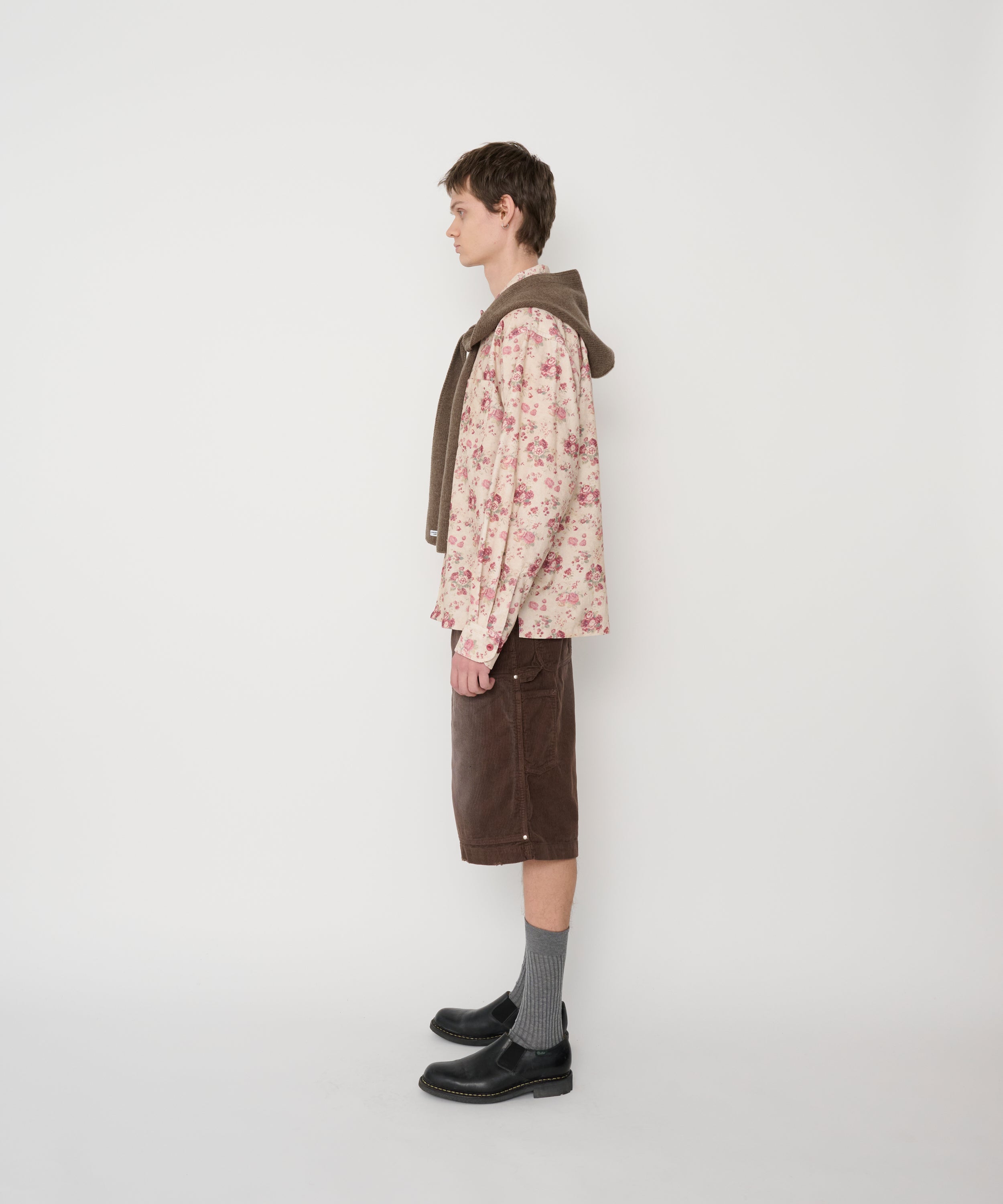 COTTON CORDUROY FLOWER PRINT OPEN COLLAR SHIRT