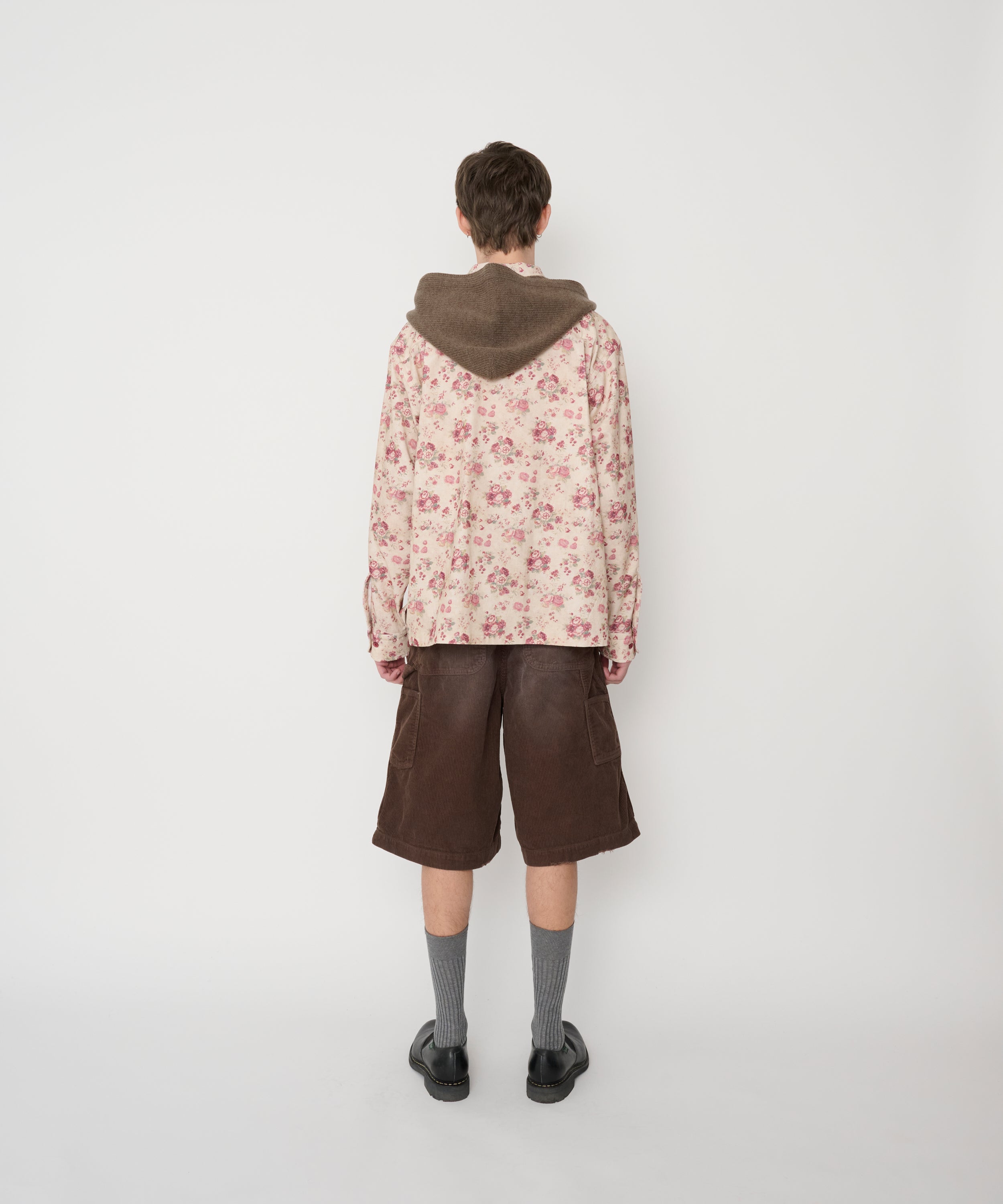COTTON CORDUROY FLOWER PRINT OPEN COLLAR SHIRT