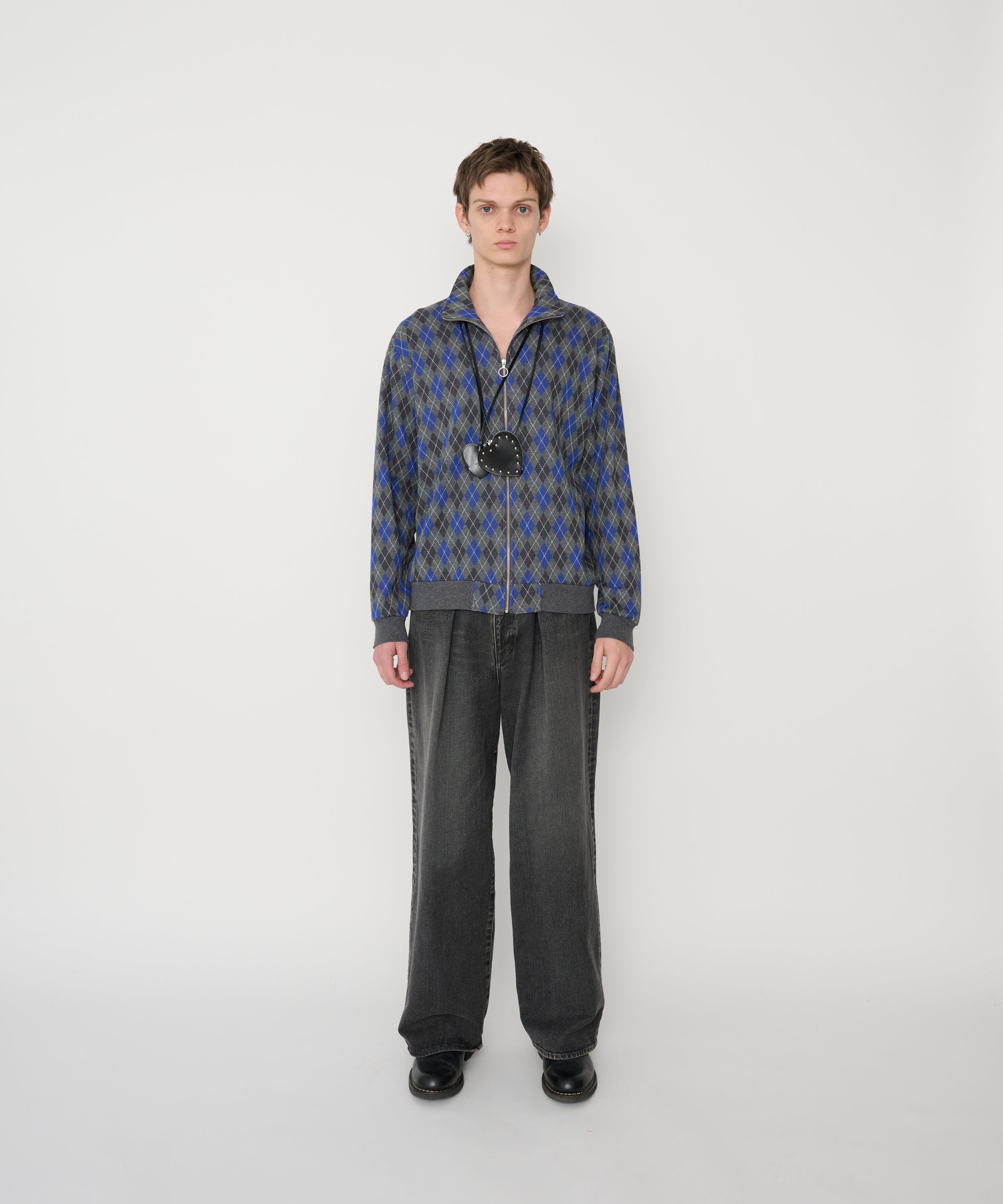 COTTON JACQUARD ARGYLE ZIP CARDIGAN