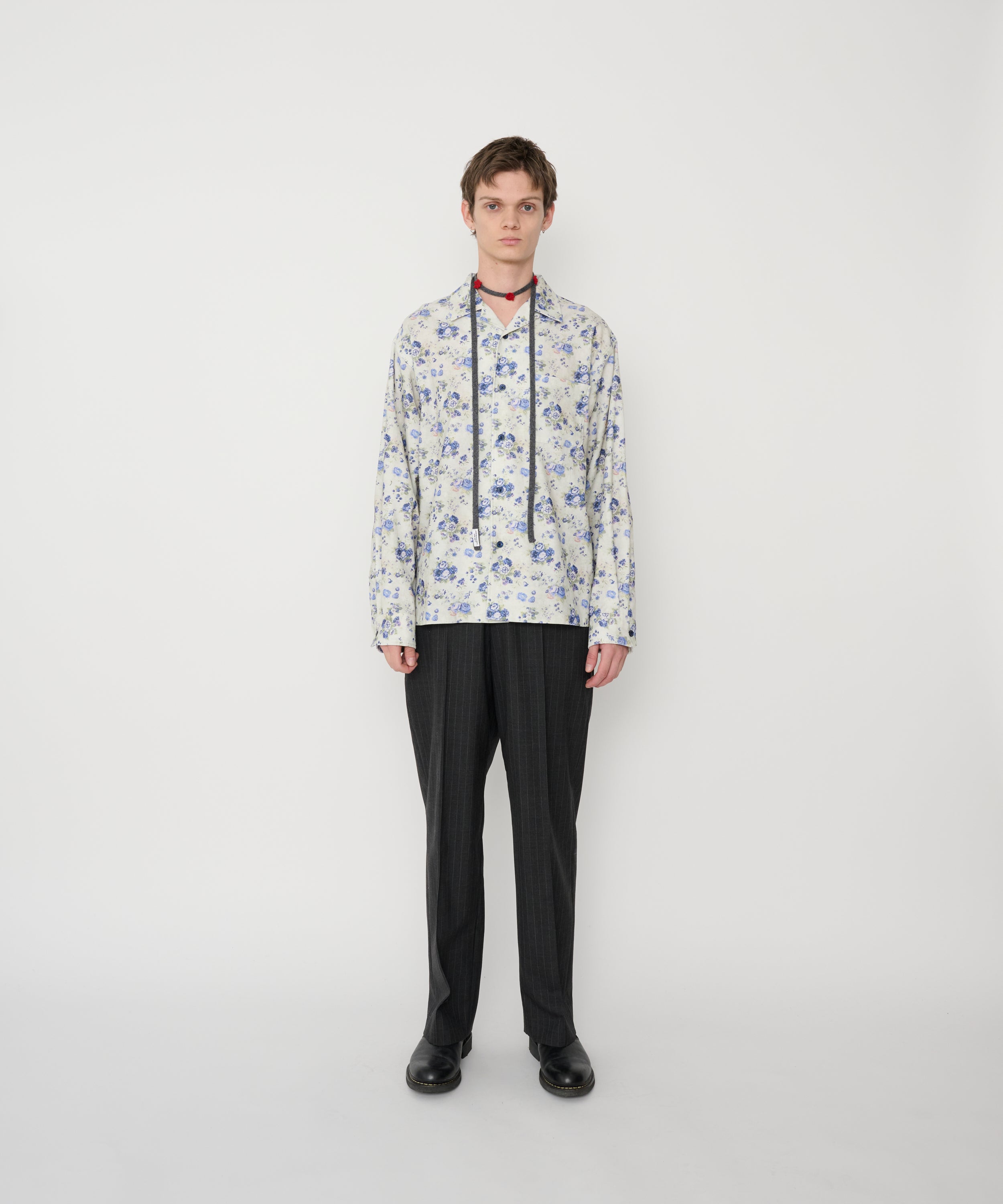 COTTON CORDUROY FLOWER PRINT OPEN COLLAR SHIRT