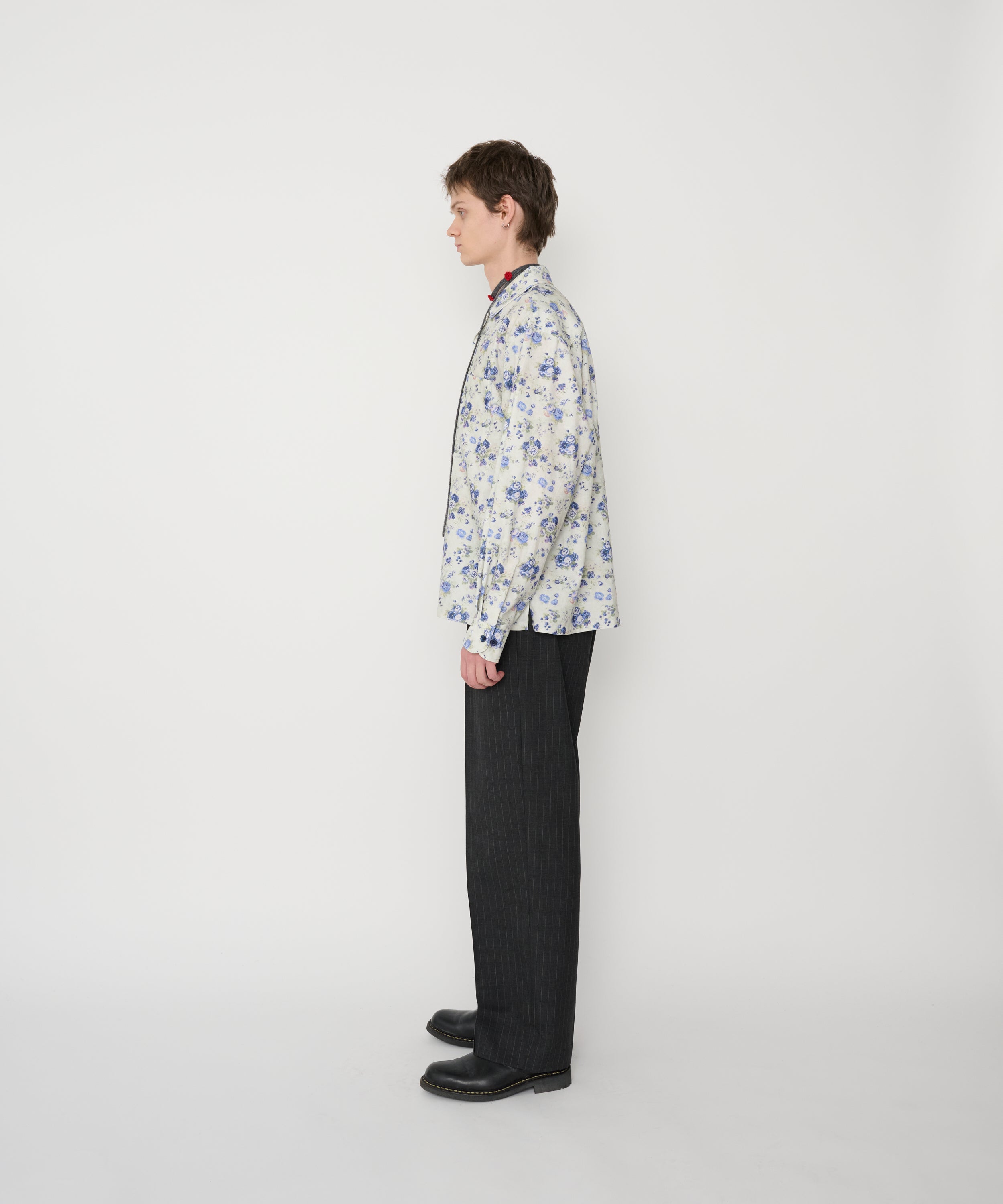 COTTON CORDUROY FLOWER PRINT OPEN COLLAR SHIRT