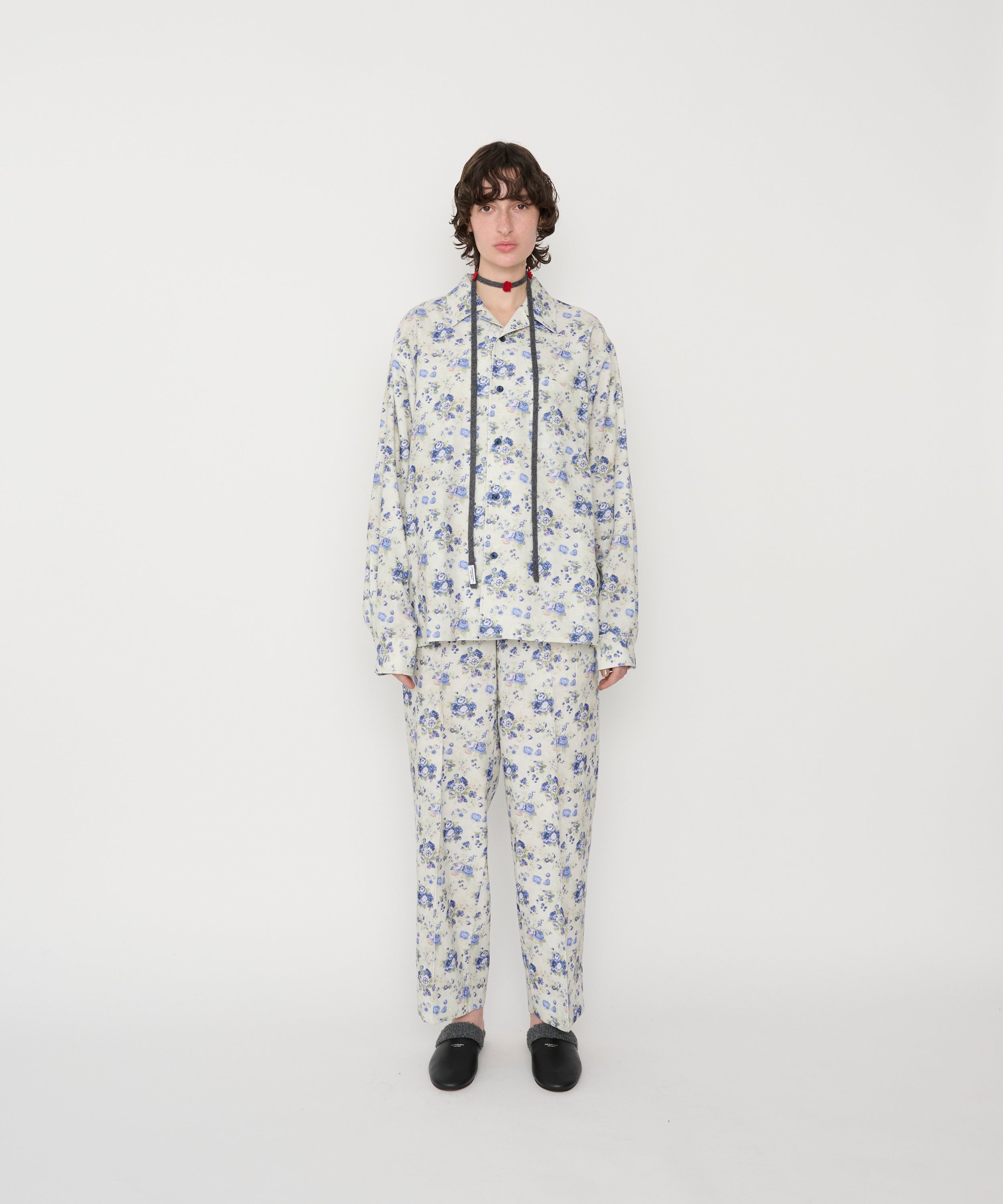 COTTON CORDUROY FLOWER PRINT OPEN COLLAR SHIRT