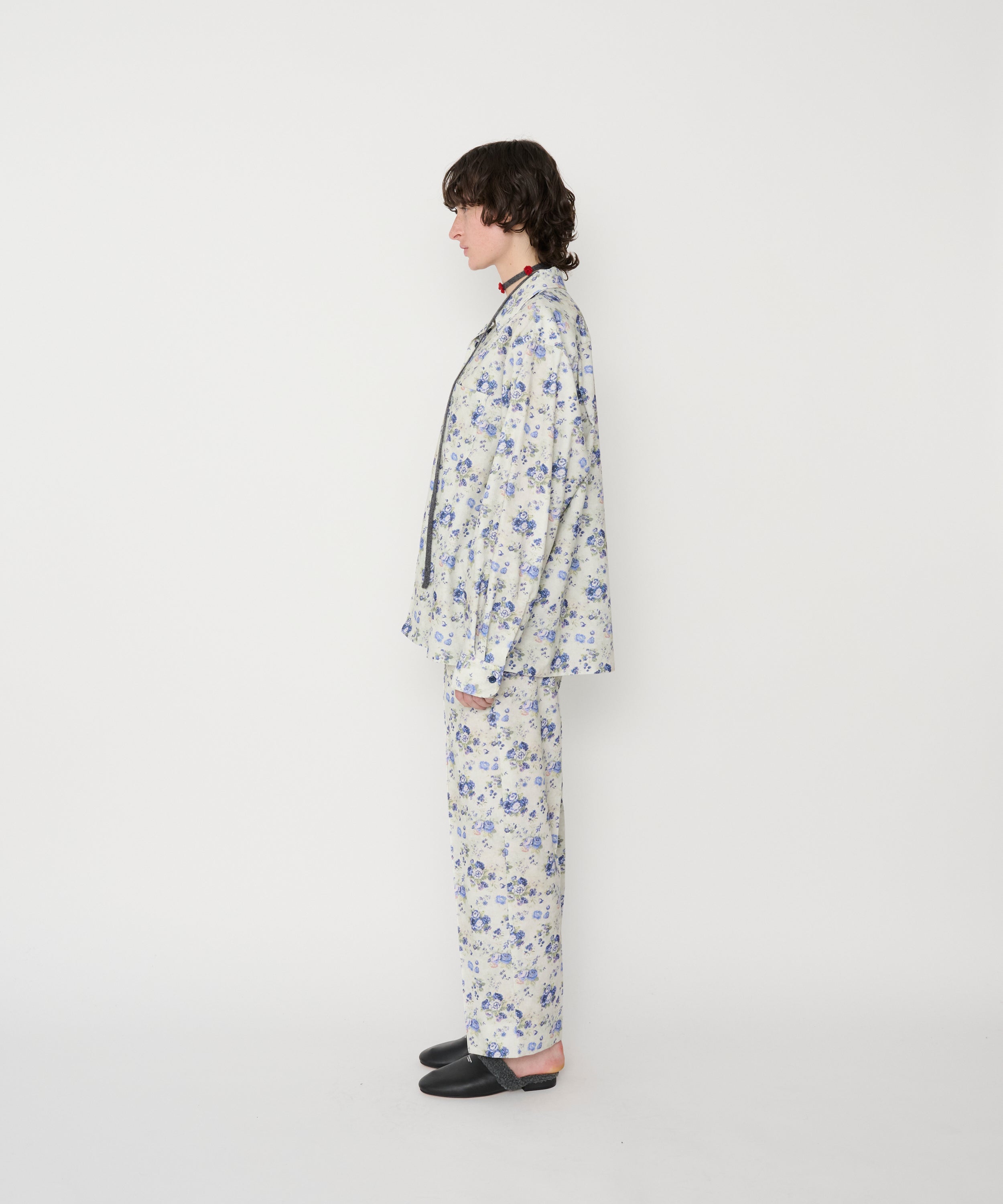 COTTON CORDUROY FLOWER PRINT OPEN COLLAR SHIRT