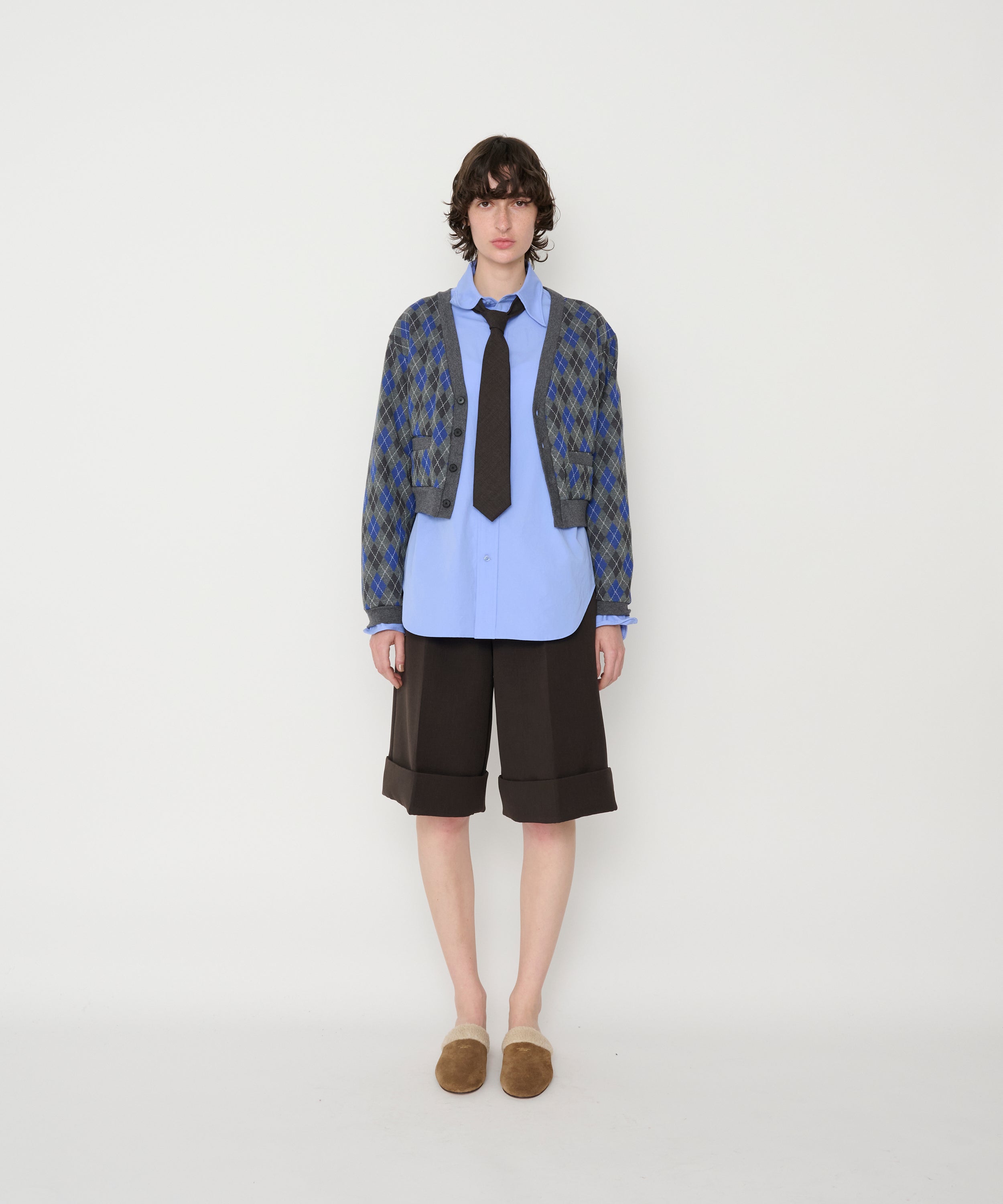 COTTON JACQUARD ARGYLE V-NECK CARDIGAN