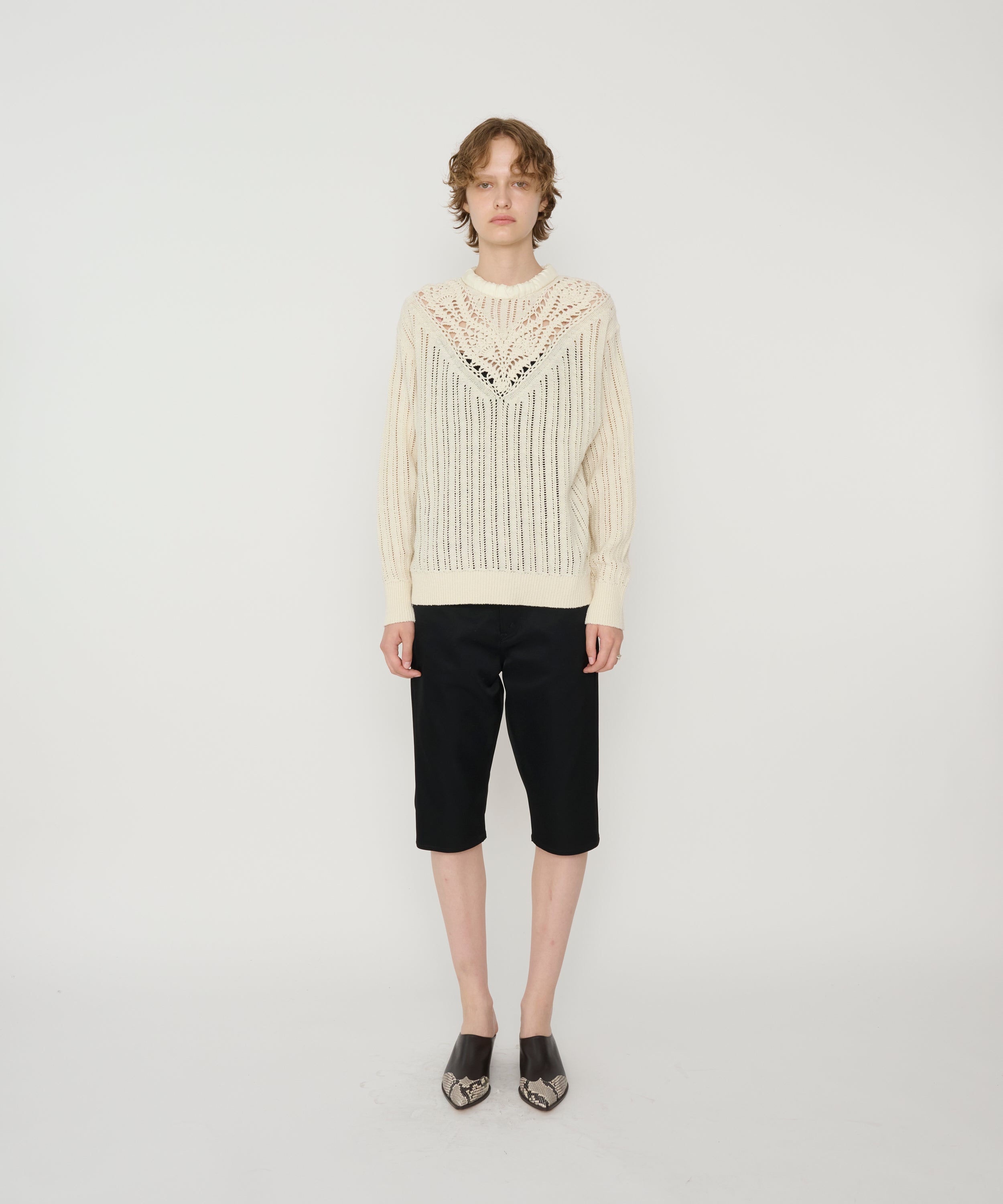 7G KNIT HAND LACE MESH CREW NECK PULLOVER