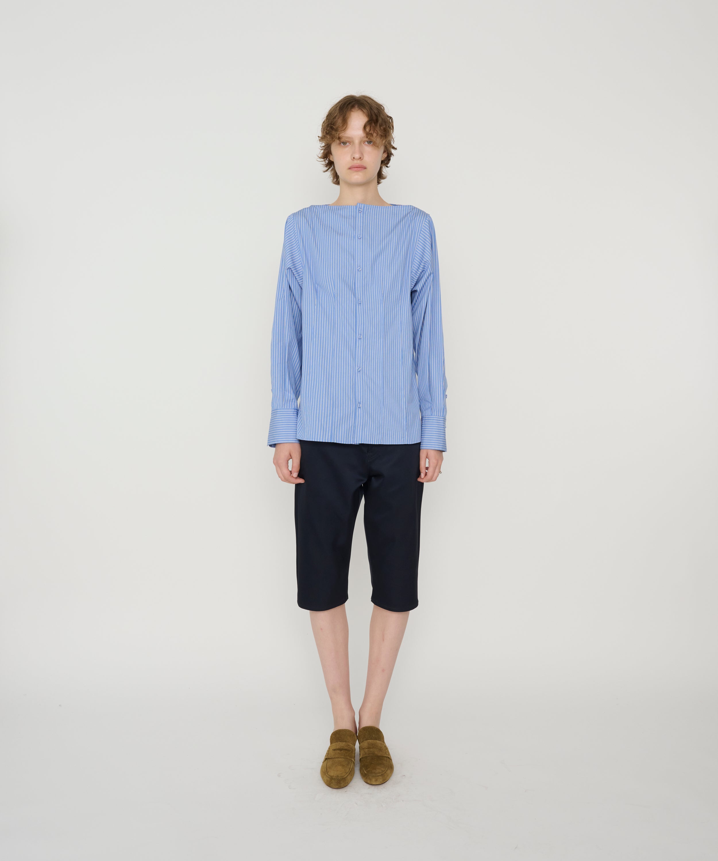STRIPE WASHED COTTON BROAD BOATNECK SHAPE BLOUSE