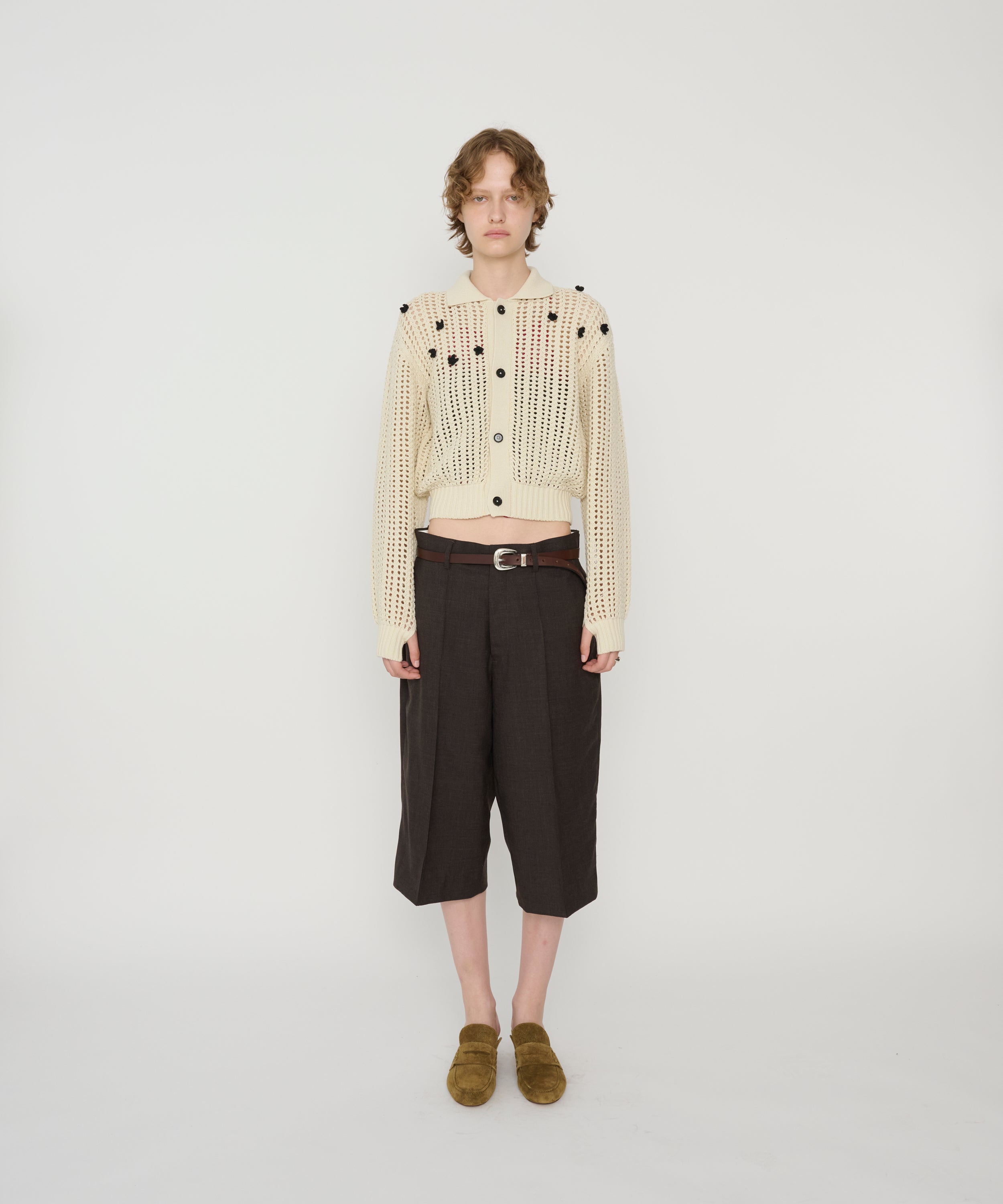 CROCHET STAR 7G MESH POLO COLLAR CARDIGAN