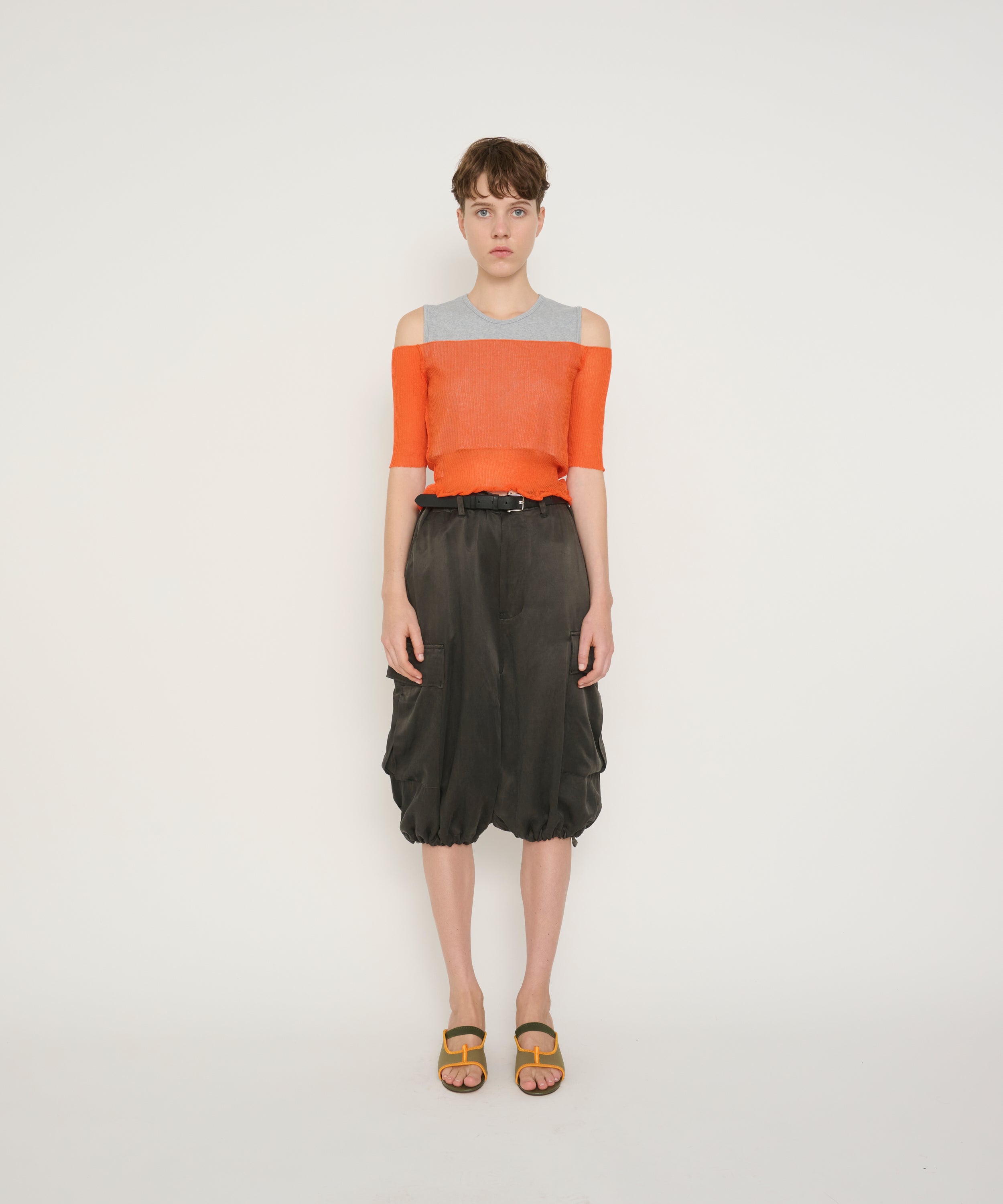 16G POLYESTER RAMIE SHEER RIB OFF SHOULDER KNIT