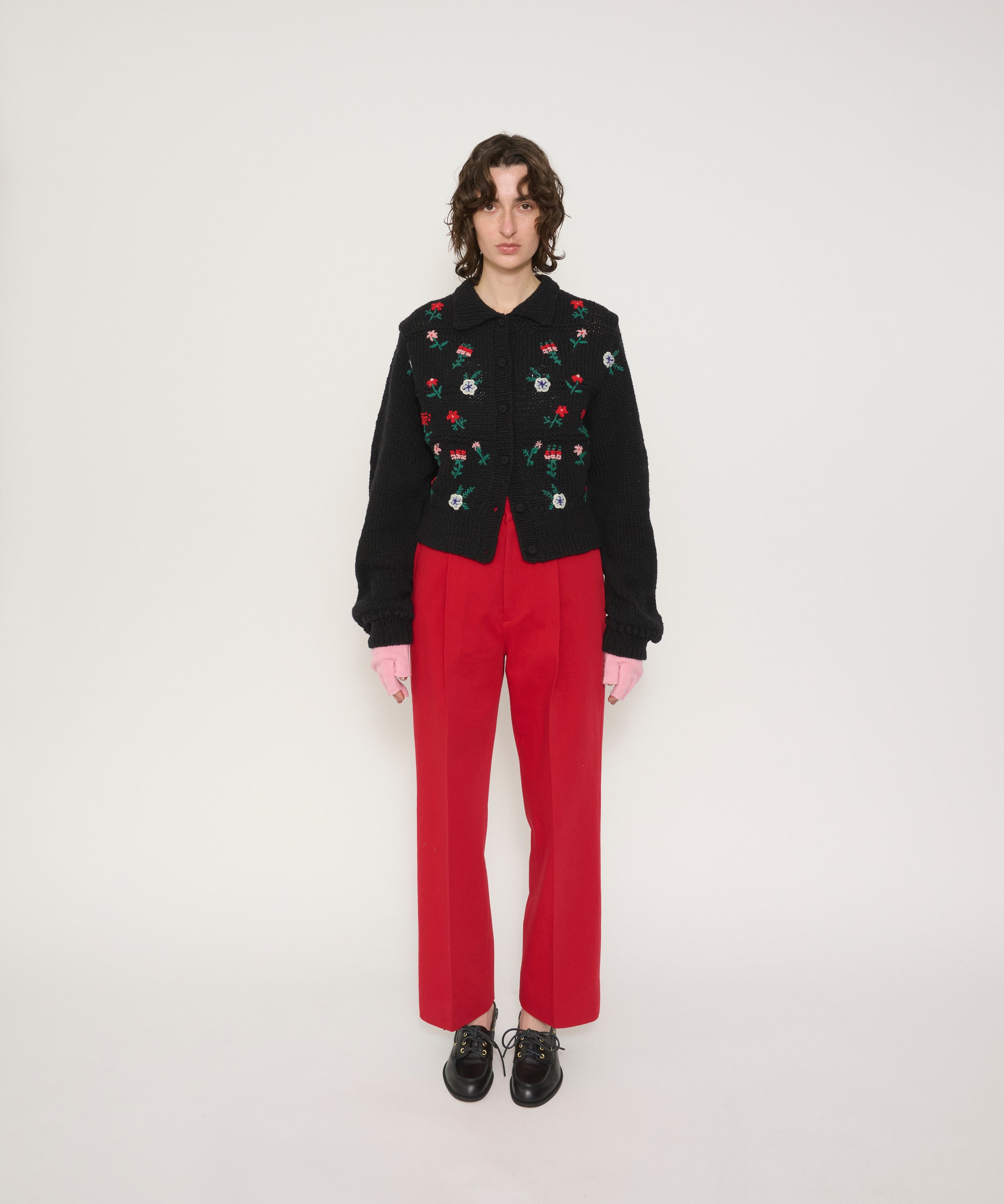 FLORAL EMBROIDERY WOOL POLO CARDIGAN