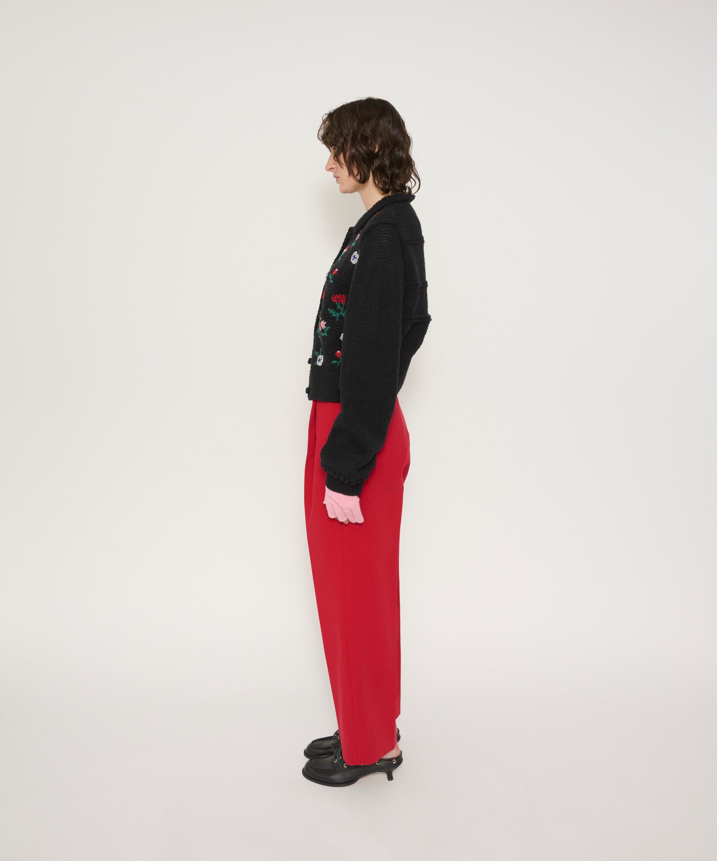 FLORAL EMBROIDERY WOOL POLO CARDIGAN