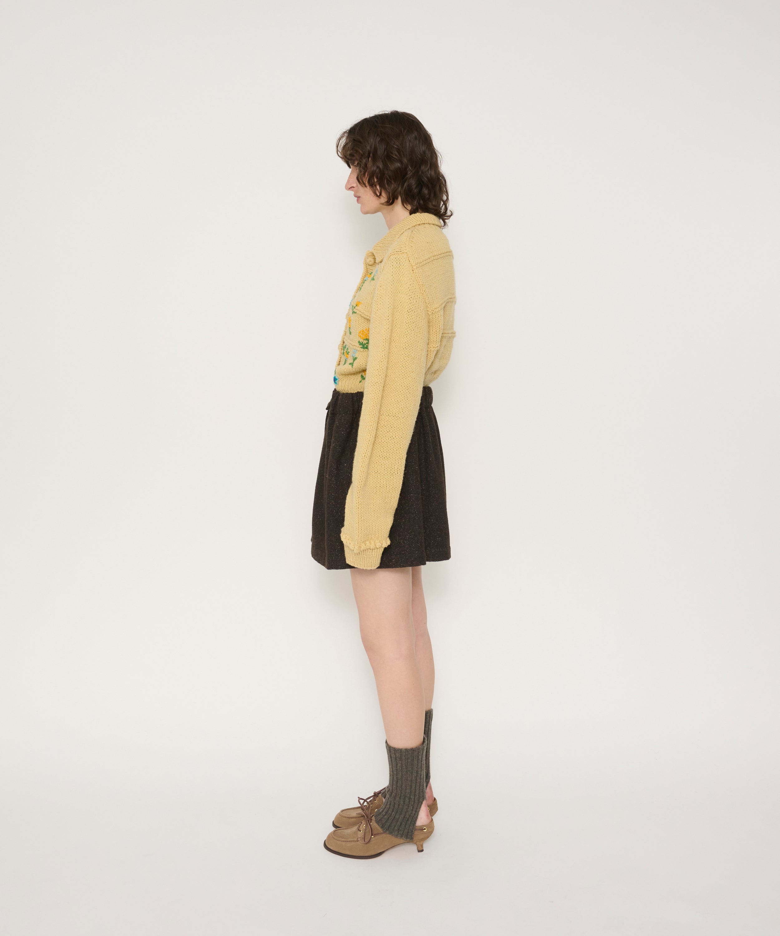 FLORAL EMBROIDERY WOOL POLO CARDIGAN