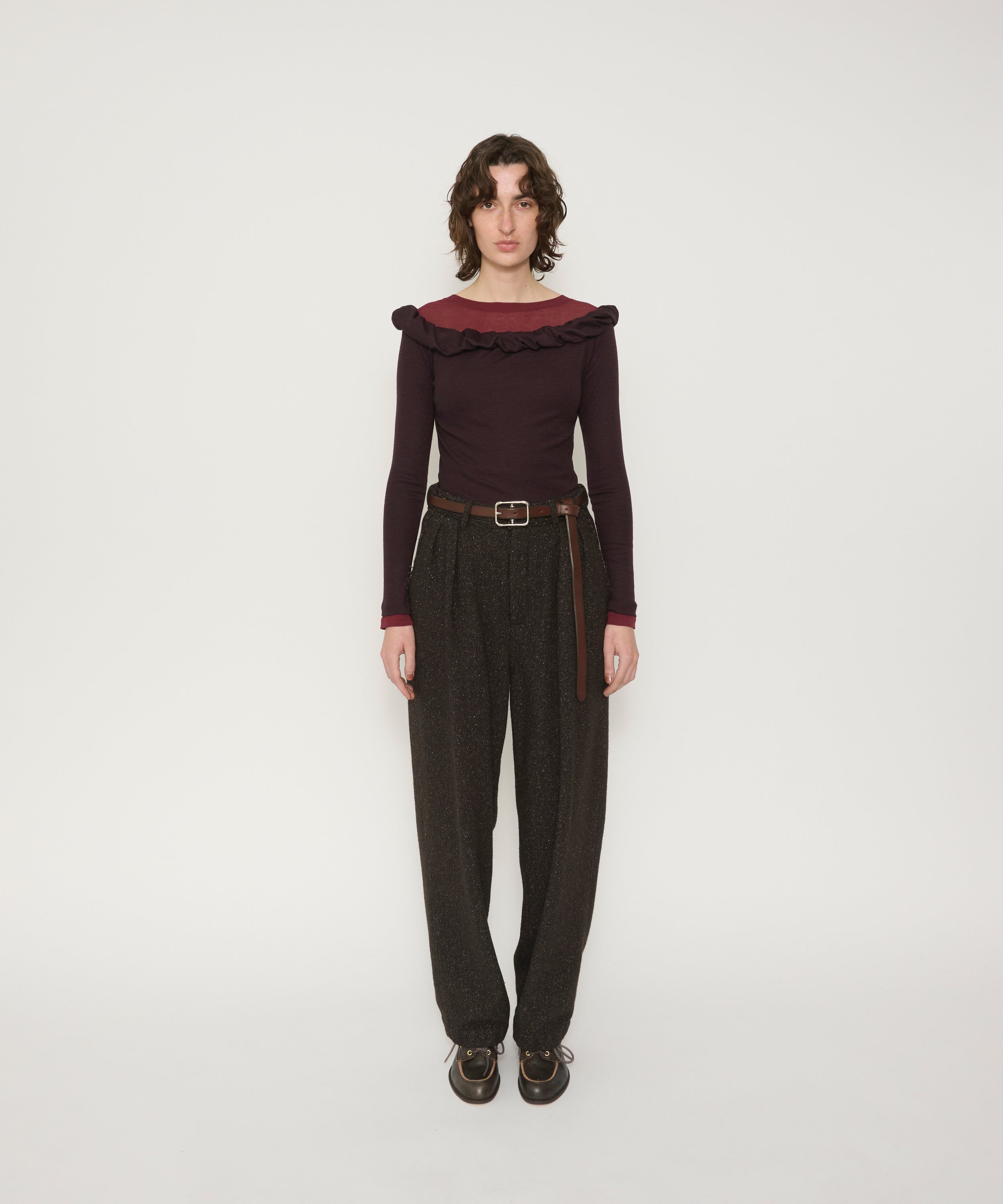 WOOL RIB TWISTED OFF SHOULDER PULLOVER