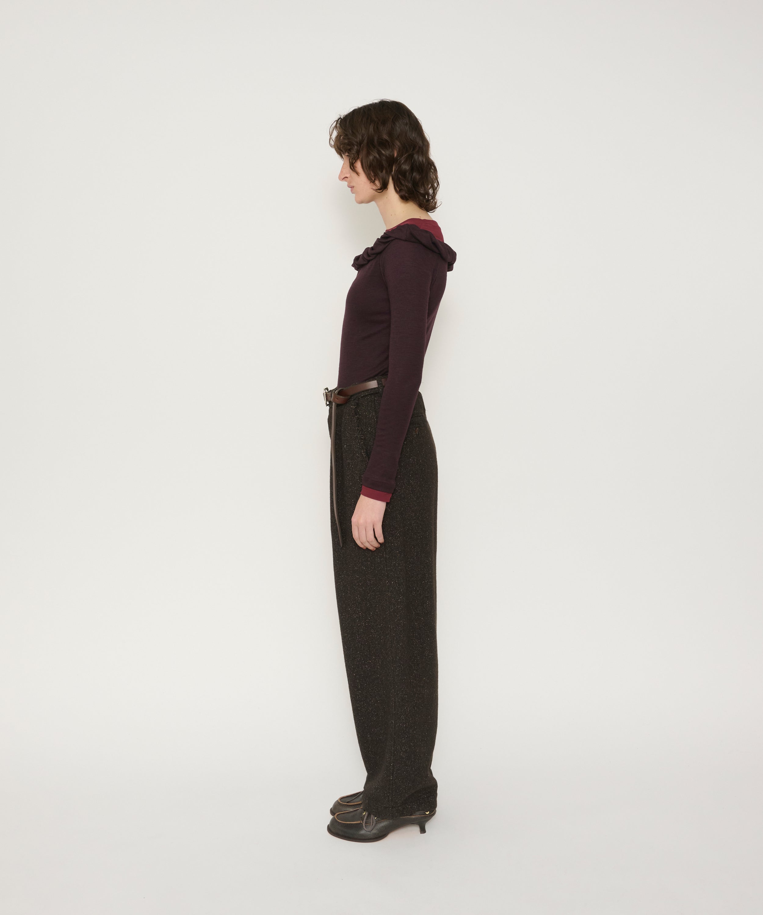 WOOL RIB TWISTED OFF SHOULDER PULLOVER