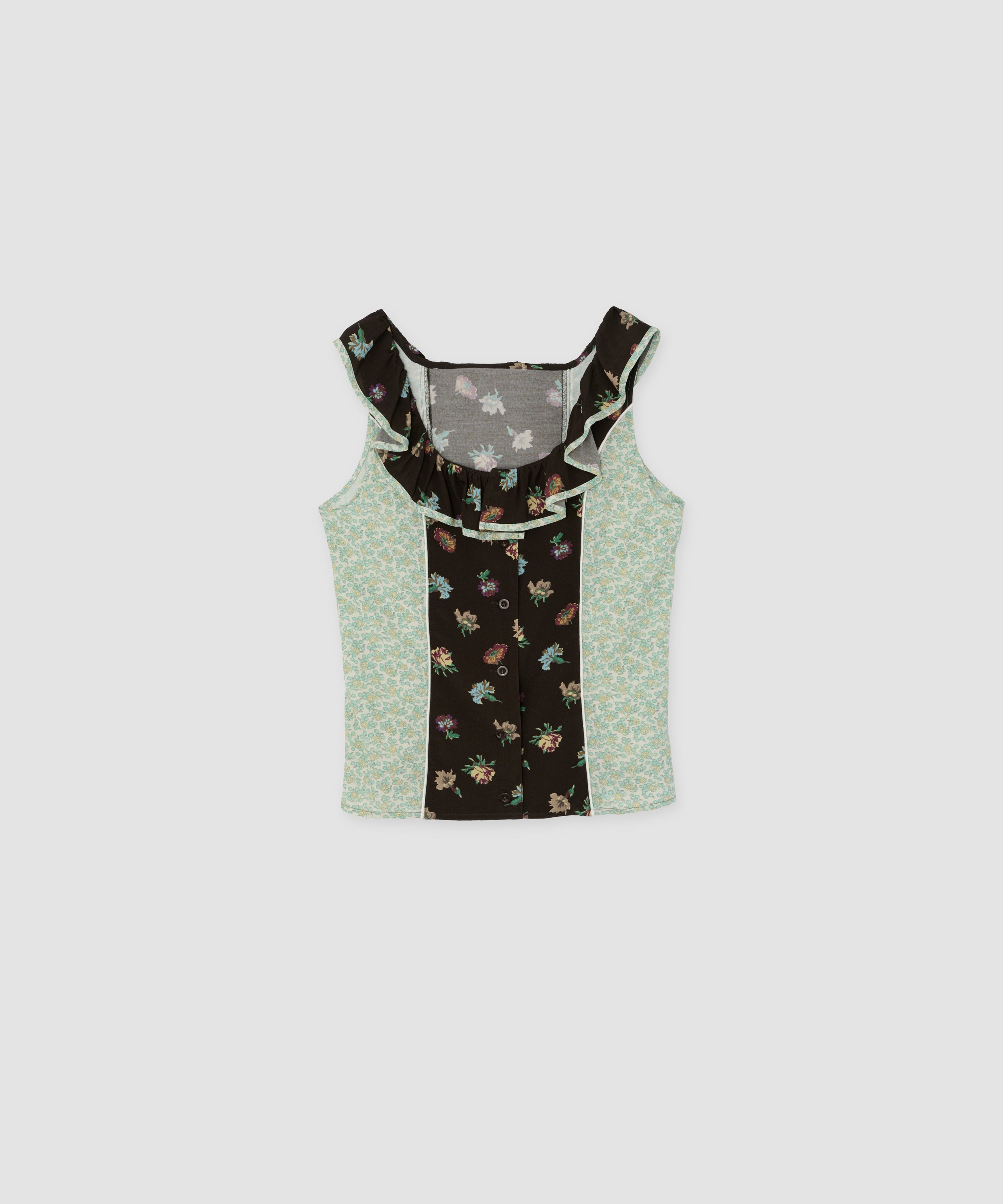 FLOWER PRINT SLEEVELESS RUFFLE BLOUSE