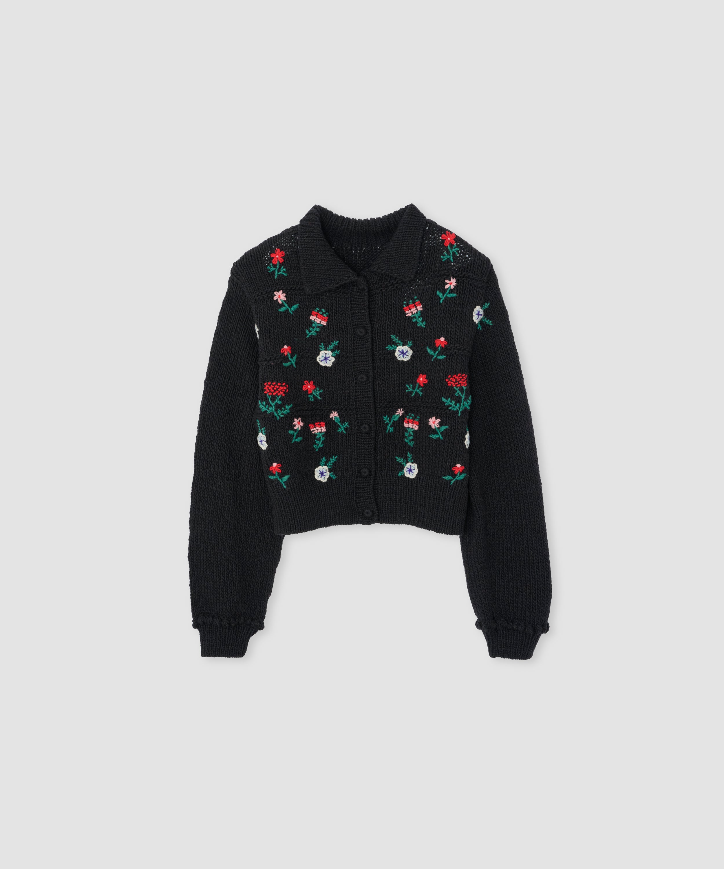 FLORAL EMBROIDERY WOOL POLO CARDIGAN