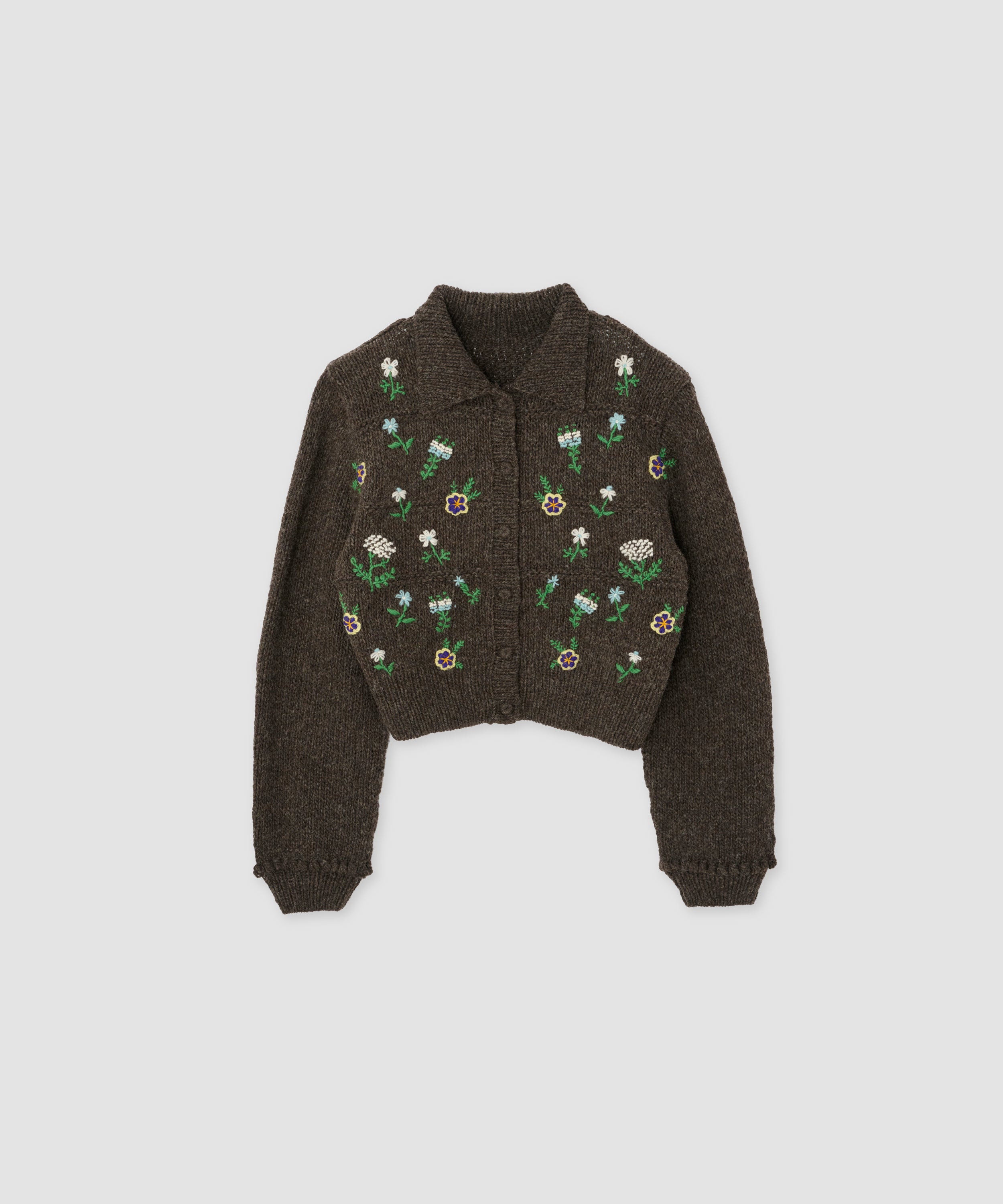 FLORAL EMBROIDERY WOOL POLO CARDIGAN