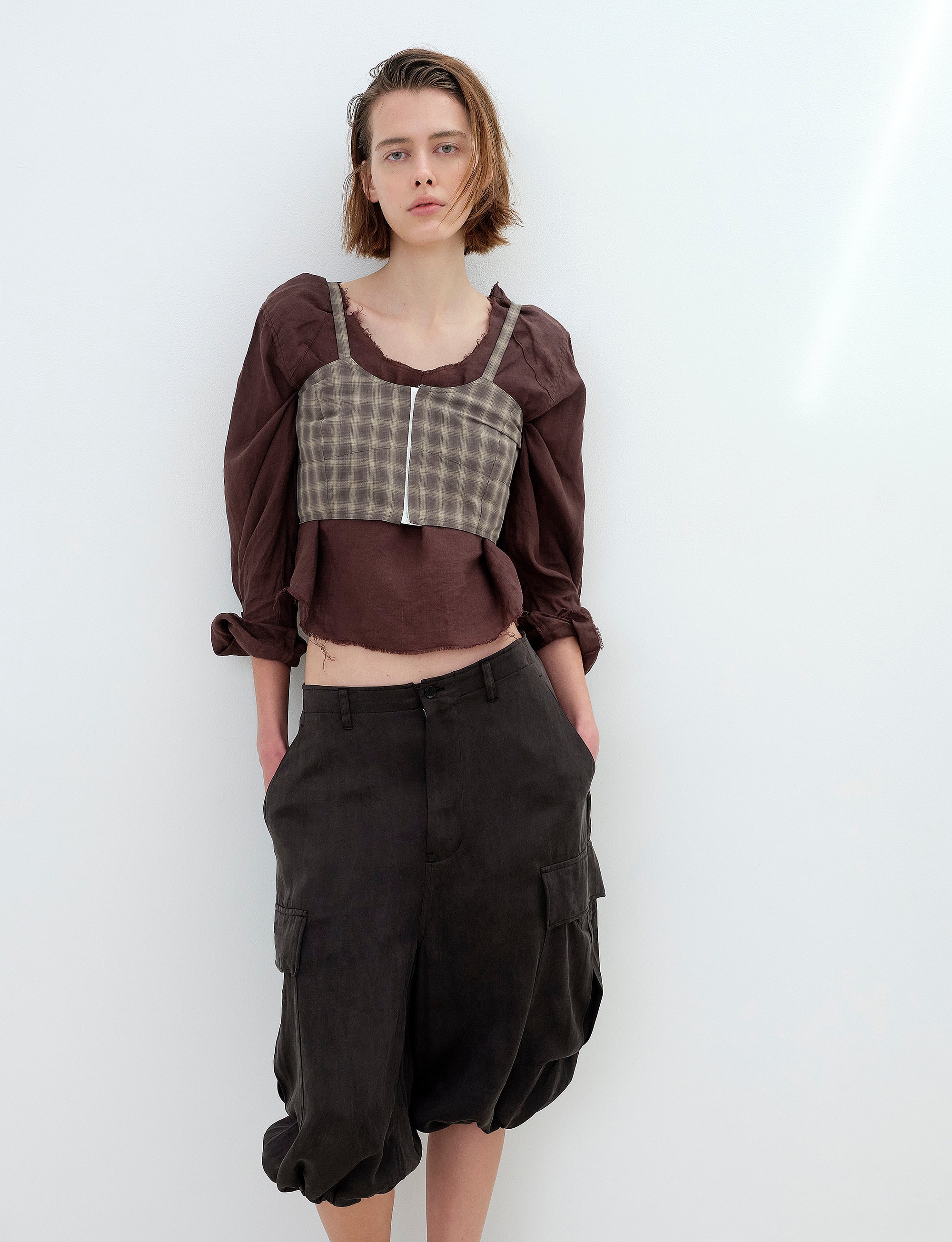 POLYESTER SHADOW CHECK BUSTIER TOPS