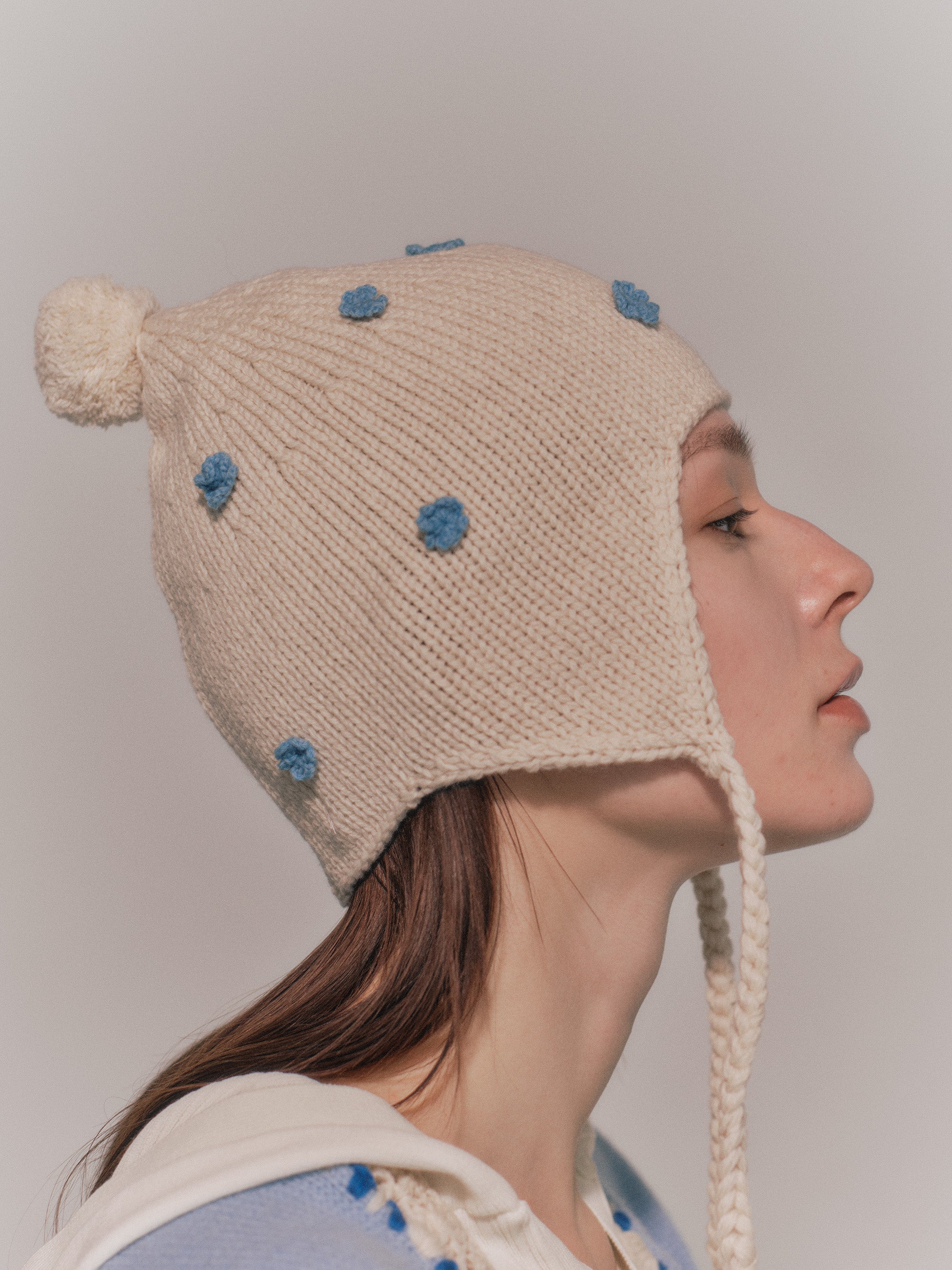 EAR FLAP KNIT BEANIE FLOWER
