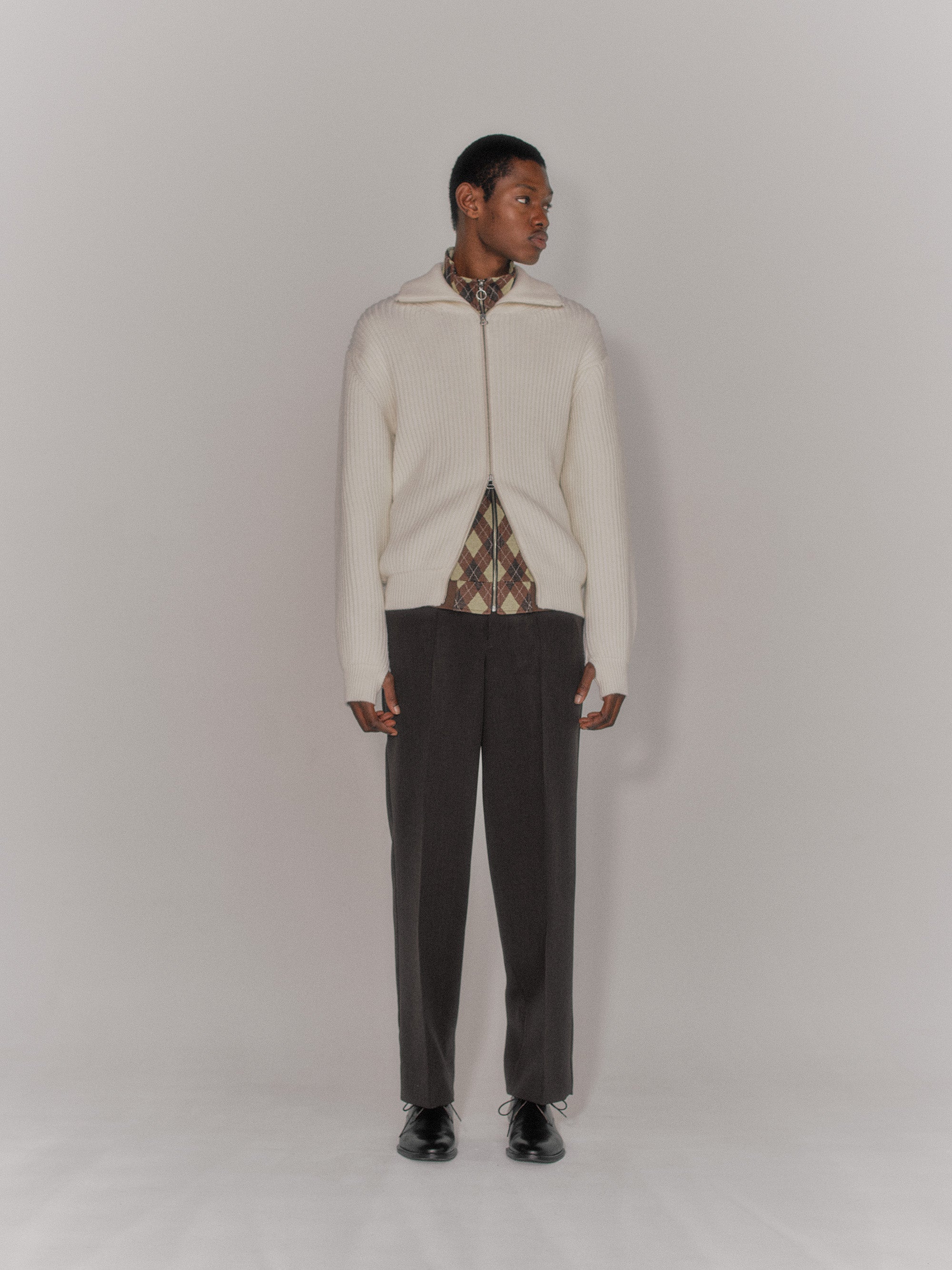 COTTON JACQUARD ARGYLE ZIP CARDIGAN